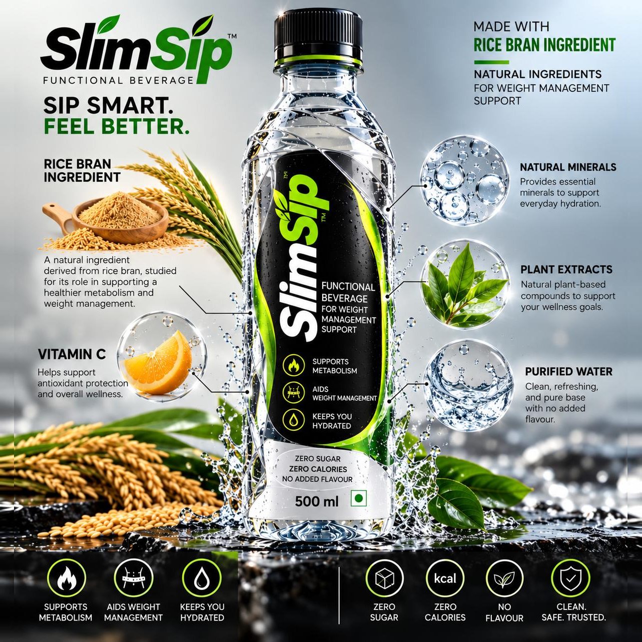 SlimSip 500 ml bottle with rice bran, vitamin C, and purified water